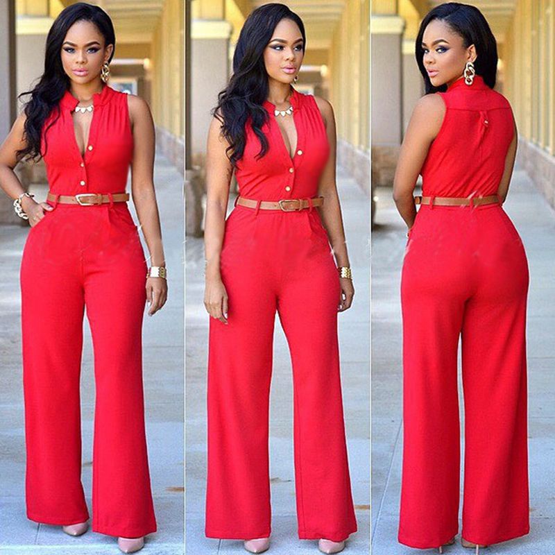 Women V-Neck Wide Leg Pants Rompers