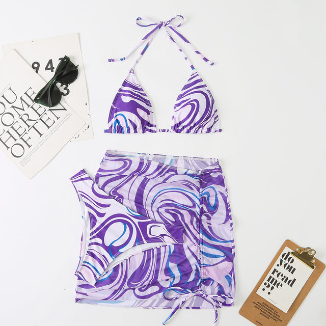 Patterned 3-Piece Bikini Set with Flowy Skirt