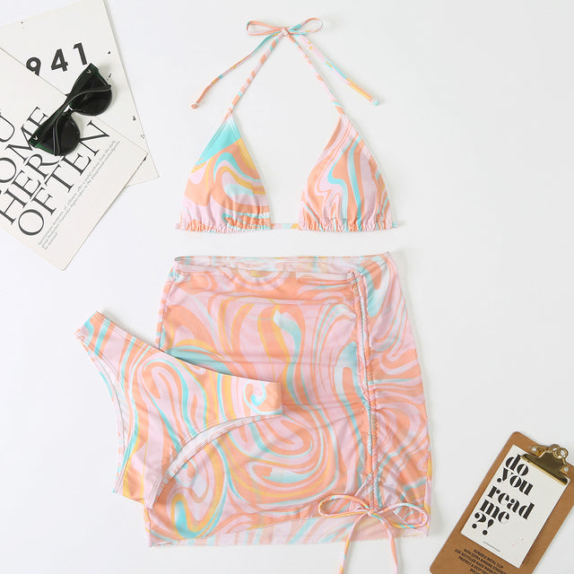 Patterned 3-Piece Bikini Set with Flowy Skirt
