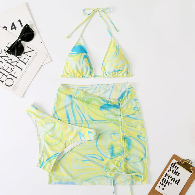 Patterned 3-Piece Bikini Set with Flowy Skirt