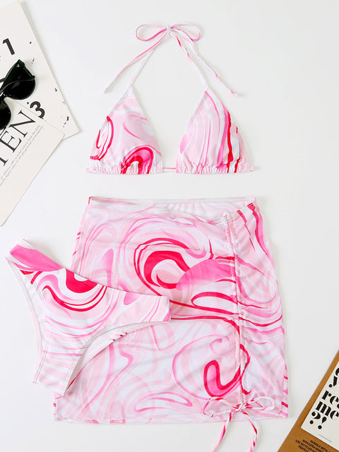 Patterned 3-Piece Bikini Set with Flowy Skirt