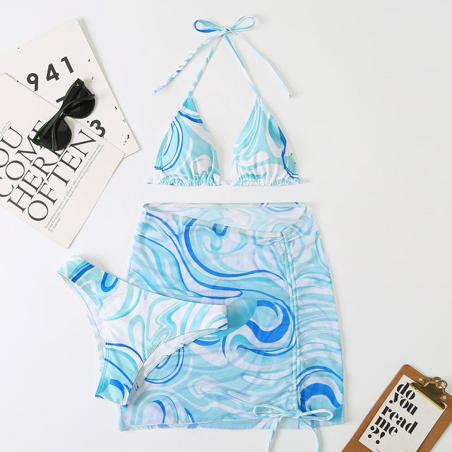 Patterned 3-Piece Bikini Set with Flowy Skirt